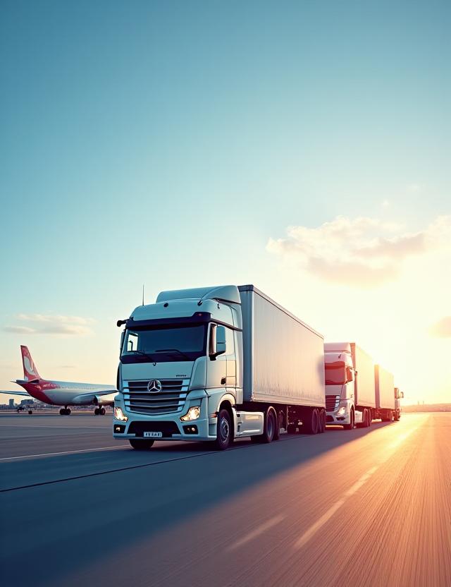 Modern logistics fleet of trucks and cargo planes